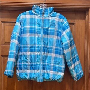 The North Face Blue and White Plaid Kids Puffer Jacket size 18